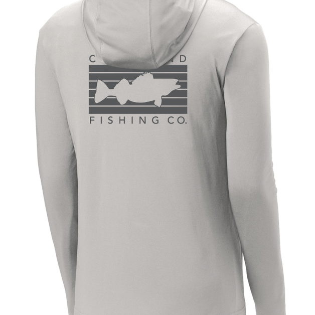 The back of a light grey hoodie with a dark grey rectangular logo with a walleye fish in the middle and Cleveland Fishing Co. on the outside.