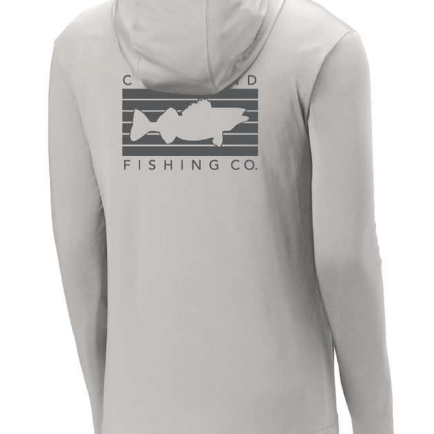 The back of a light grey hoodie with a dark grey rectangular logo with a walleye fish in the middle and Cleveland Fishing Co. on the outside.