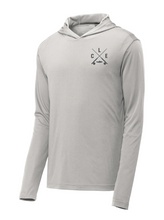 The front of a light grey hoodie with darker grey CLE crossed rods logo on the front left chest. 