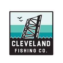 A square Cleveland Fishing Co. logo with a bridge and stripes.