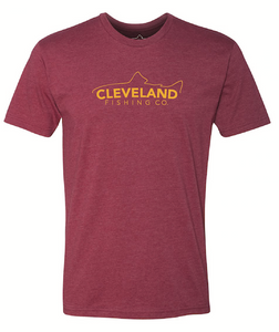 Cardinal red short sleeve fishing t-shirt with yellow Cleveland Fishing Co. logo across the chest. 