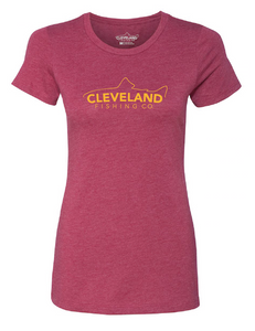 Red women's short sleeve fishing t-shirt with yellow Cleveland Fishing Co. logo across the chest. 