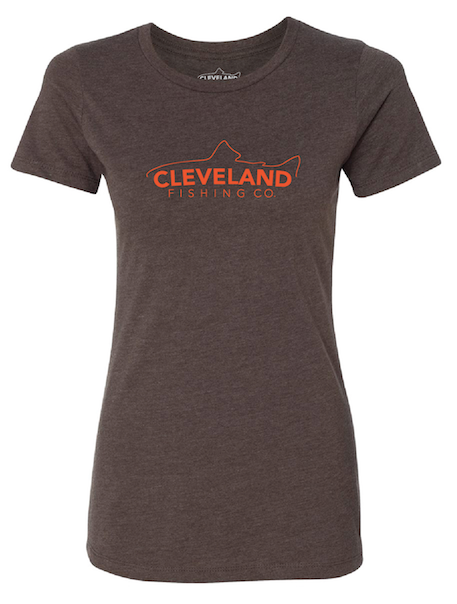 Women's brown short sleeve t-shirt with orange fish logo across the chest. 