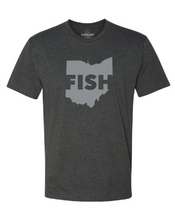 The front of a charcoal grey t shirt with a lighter grey outline of Ohio and the word FISH in it. 