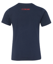 The back of a navy blue fishing t-shirt with red fish the land logo near the collar. 
