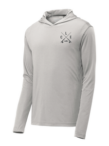The front of a light grey hoodie with darker grey CLE crossed rods logo on the front left chest. 