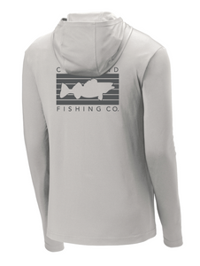 The back of a light grey hoodie with a dark grey rectangular logo with a walleye fish in the middle and Cleveland Fishing Co. on the outside.