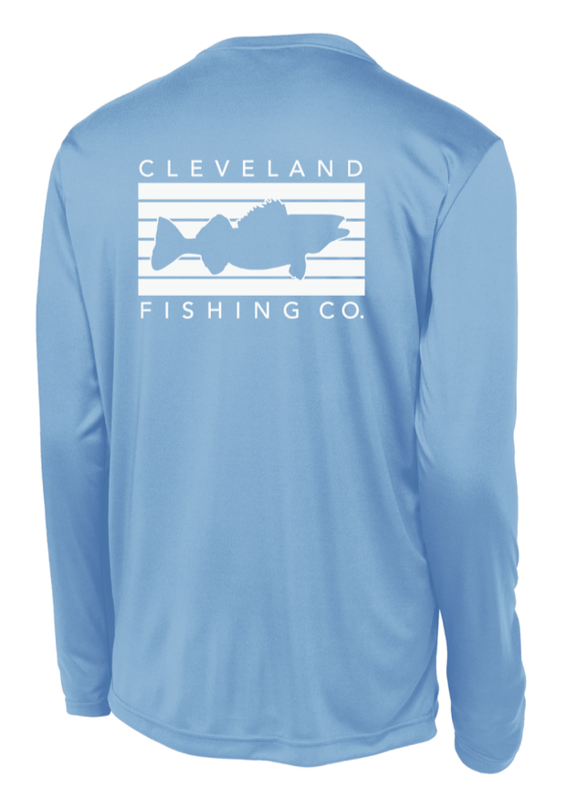 The back of a sky blue long sleeve performance shirt with a white rectangular logo with a walleye fish in the middle and Cleveland Fishing Co. on the outside.