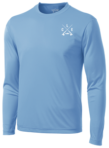 The front of a sky blue long sleeve performance shirt with a white CLE crossed rods logo on the front left chest.
