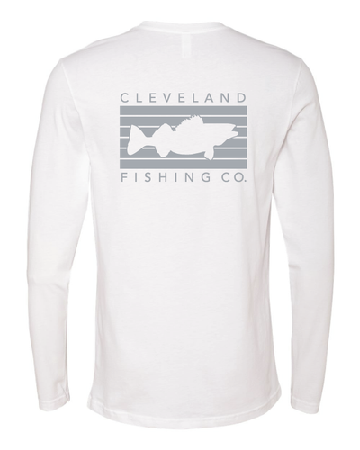 The back of a white long sleeve t shirt with a light grey rectangular logo with a walleye fish in the middle and Cleveland Fishing Co. on the outside.