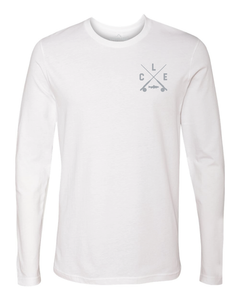 The front of a white long sleeve t-shirt with a grey CLE crossed rods logo on the front left chest.