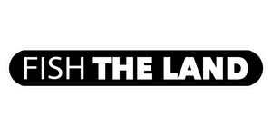 A white "Fish The Land" logo with black inside.