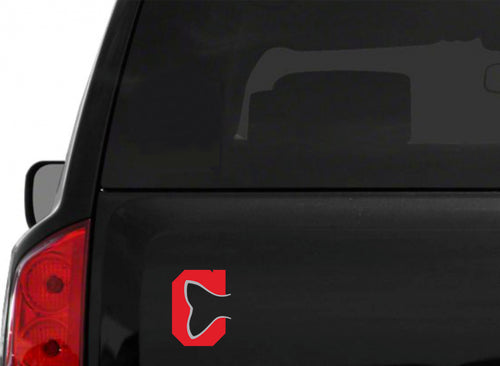 A red block C logo in the shape of a fishtail on the back trunk of an SUV. 